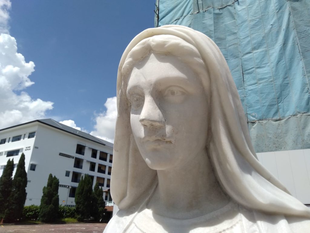 Restored statue at the church in Hougang. Photo: Church Of The Nativity Of The Blessed Virgin Mary/Facebook 