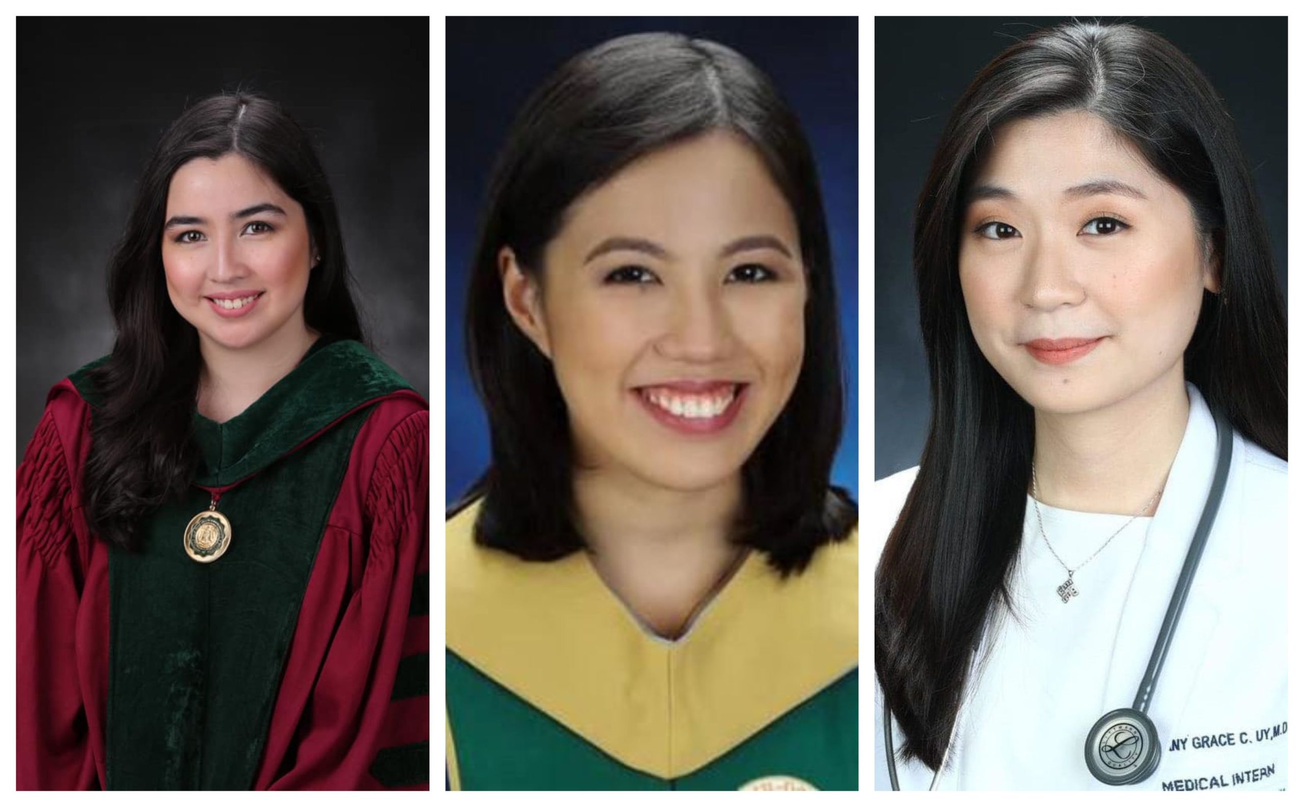 Congratulations to the new doctors: actress Angeli Gonzales, Tricia Robredo, daughter of Vice President Leni Robredo; and Tiffany Grace Uy, who holds the University of the Philippines’ highest recorded grade ever since World War II. Photos: handout 