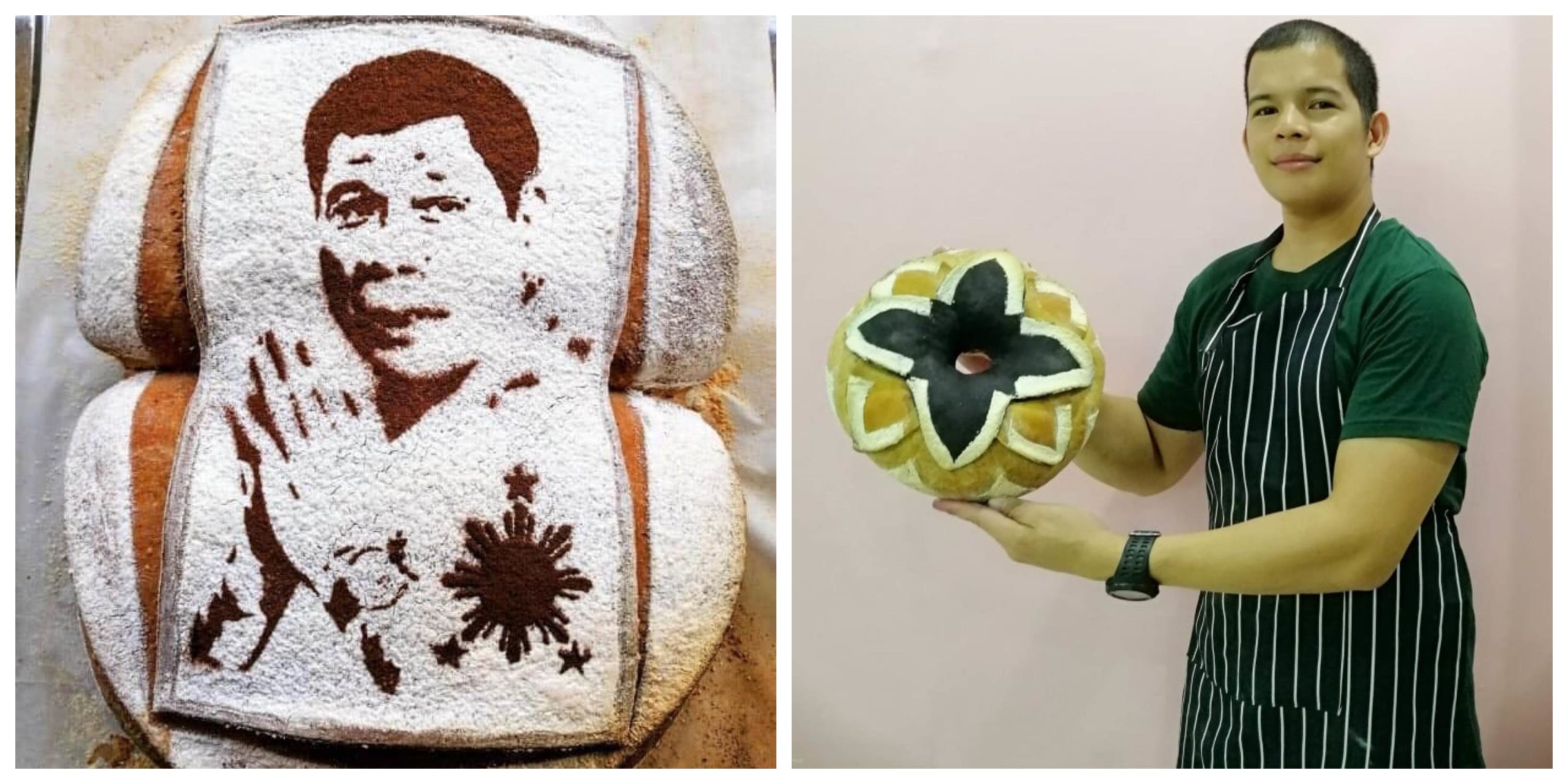 Pastry chef Marlo Lidot and one of his creations, a portraits of President Rodrigo Duterte