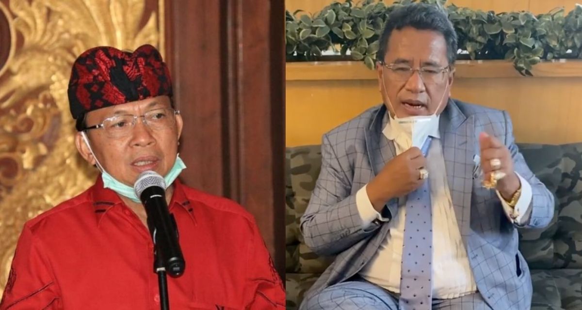 At left, Bali Governor Wayan Koster, and at right celebrity lawyer Hotman Paris Hutapea. Photos: Bali Provincial Government and screengrab from Instagram