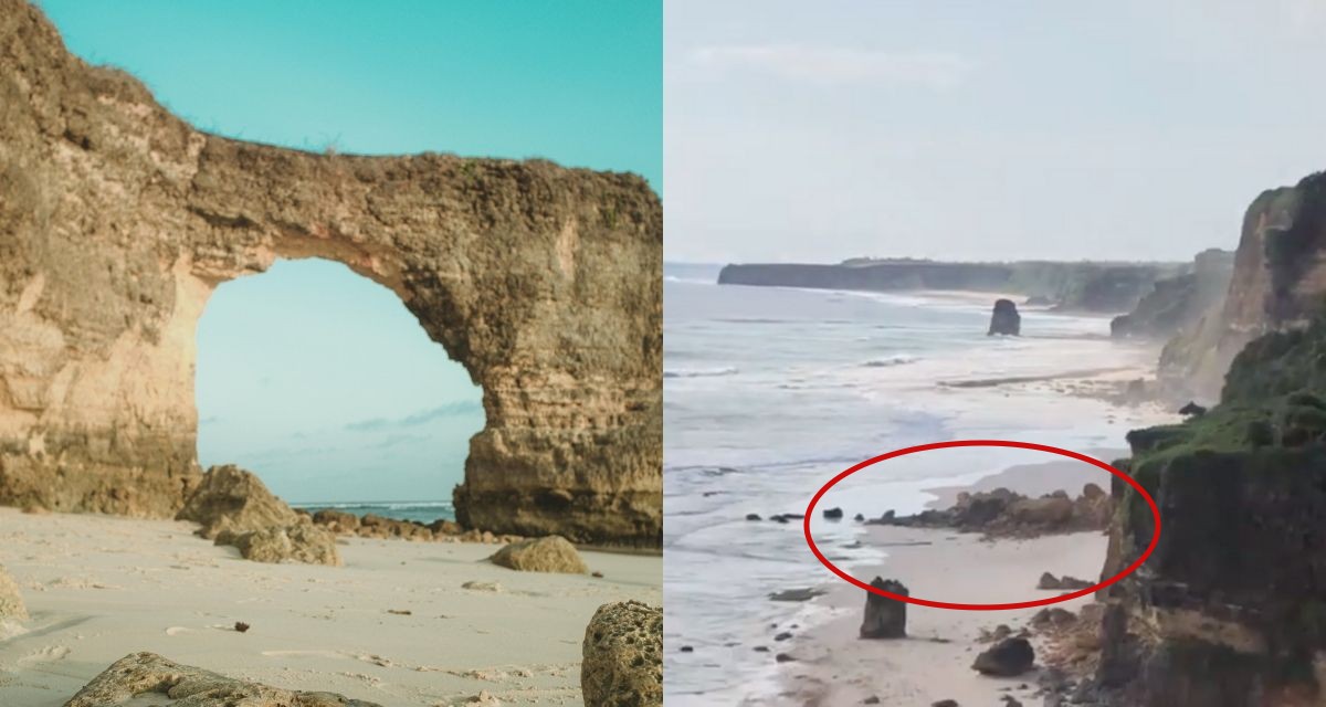 At left, the iconic sea arch  in Mbawana Beach, East Nusa Tenggara (NTT), and the aftermath of the collapse on the right. Photos: Unsplash and screengrab from Instagram