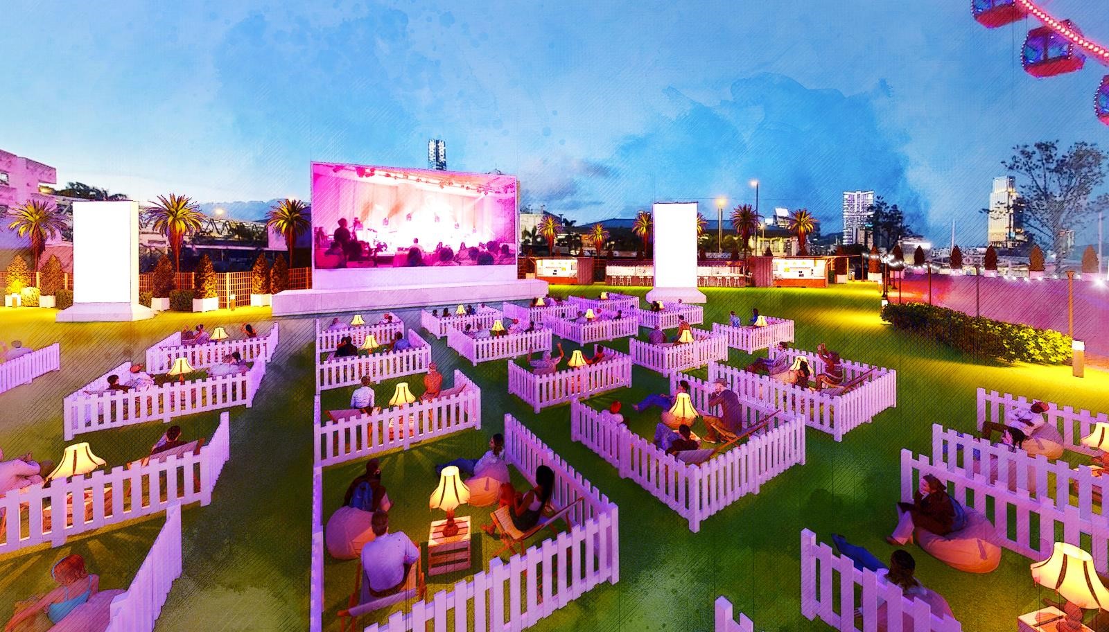 The Grounds offers events from fitness sessions to movie screenings in a socially distanced space at the Central Harborfront. Photo via The Grounds
