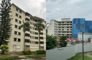 At left, the before shot of a building in the estate and another being covered up on the right. Photos: Thesnappingturtle_, Coconuts