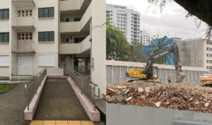 At left, the before shot of one of the building’s entrance and its rubbles on the right. Photos: Thesnappingturtle_, Coconuts