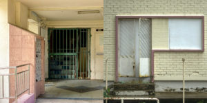Entrances to the buildings that are gated and boarded up. Photos: Thesnappingturtle_