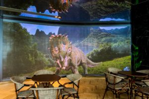 An LED display of a Triceratops. Photo: Jurassic World Cafe 