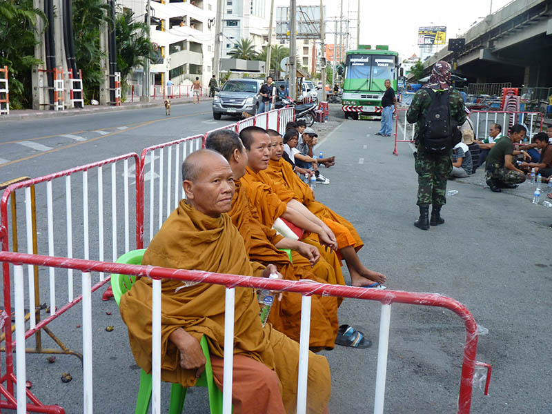 Monks are detained by soldiers on May 19, 2010, during a crackdown on street protests in Bangkok. 