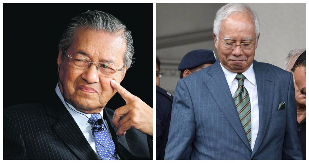 File photo of Mahathir, at left, and Najib Razak outside the court in 2019, at right. Photos: Wikimedia Commons
