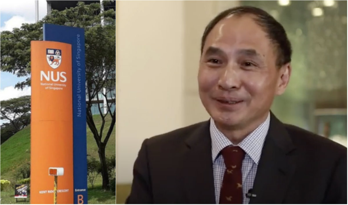 At left, a National University of Singapore sign at Kent Ridge Crescent; screengrab of Zheng Yongnian in a 2019 video. Photos: Ivan Varghese/Google Maps, Qingdao Multinationals Summit/YouTube
