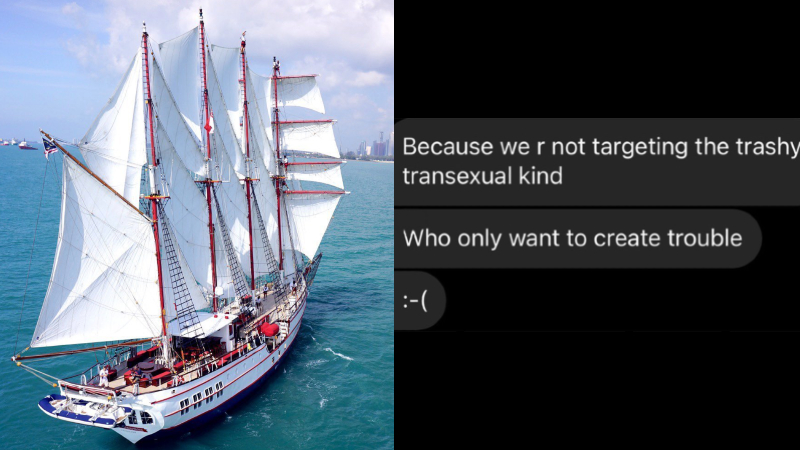 At left, the Royal Albatross ship and a leaked screenshot of its chat session over a planned LGBT event, at right. Photos: Royal Albatross/Instagram, Prout/Instagram
