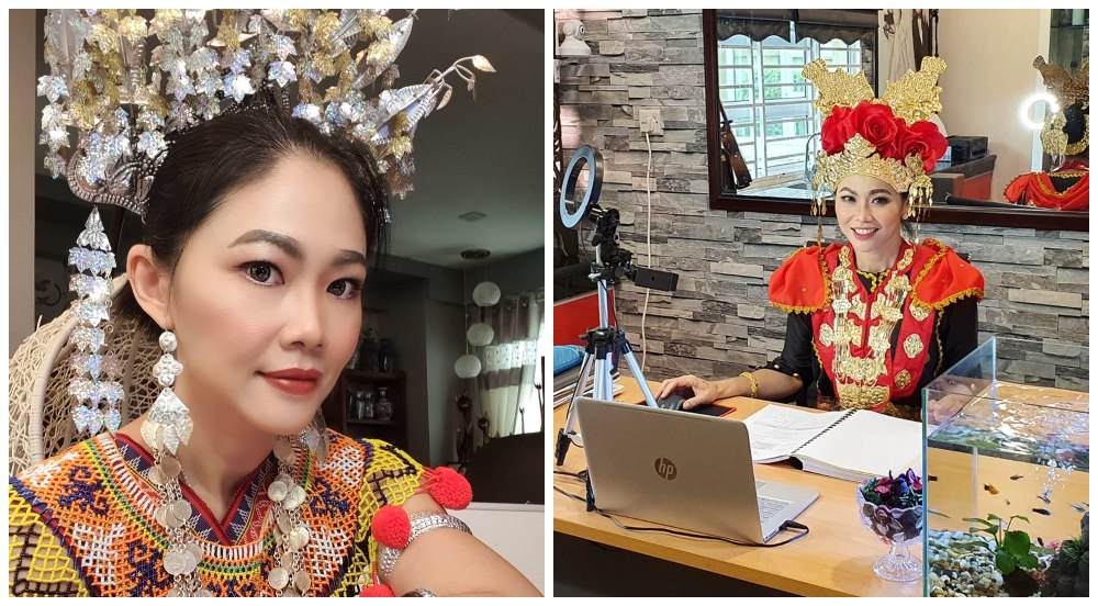 Nancy Thomas takes a photo in the traditional Iban women’s dress, at left. Nancy Thomas teaches a class while wearing Melanau bridal wear, at right. Photos: Nancy Thomas/Facebook
