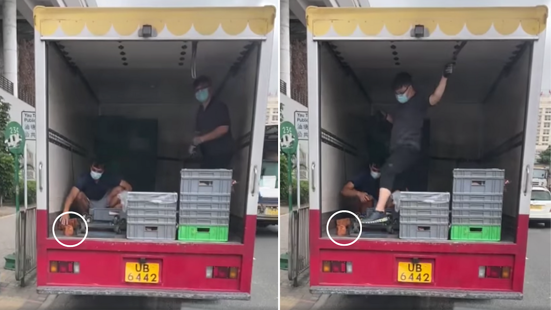 The video, posted to a number of Facebook groups, shows a Yamazaki bakery worker handling unwrapped bread with his bare hands. Screenshots via Facebook/Simon Li 飲食天地
