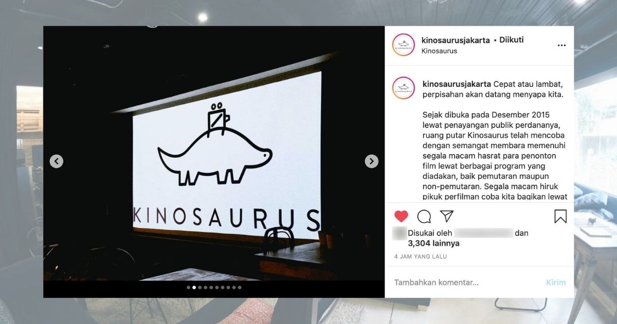 Kinosaurus, known for screening indie and award-winning films from Indonesia and around the world in an intimate setting, took to social media to announce the closure of their theater, which was located behind Aksara bookstore in Kemang, South Jakarta. Screenshot from Instagram/@kinosaurusjakarta