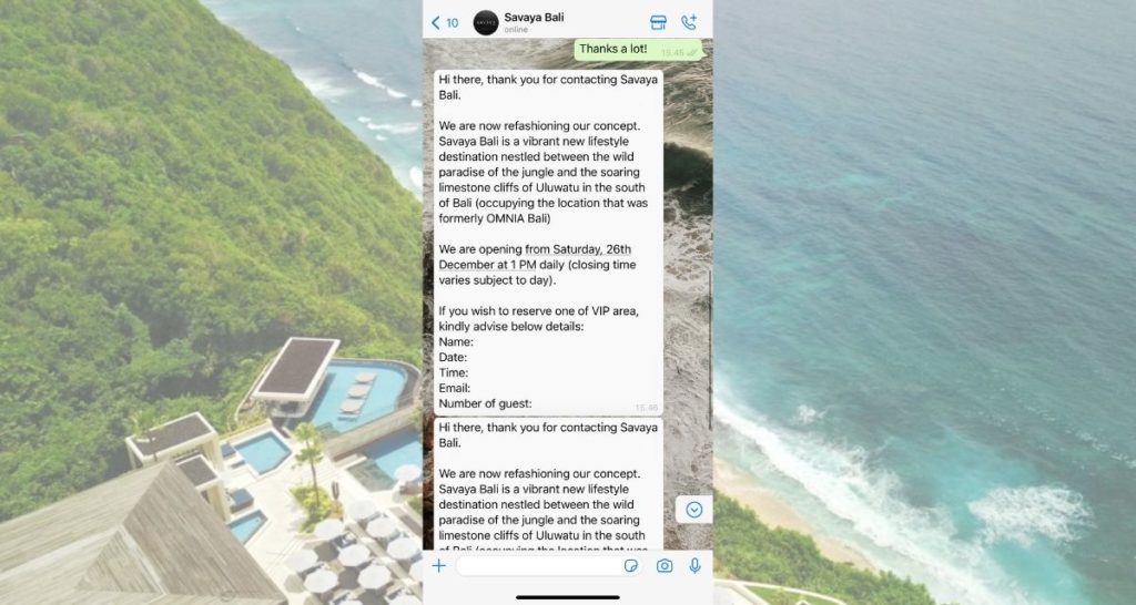 A screenshot of a message received from Savaya Bali's reservation contact. 
