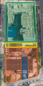 Green: La Brisa condo, Yellow: Goh’s house, Orange: Noma condo and Blue: Buddhist prayer hall house. Photo: Google Maps
