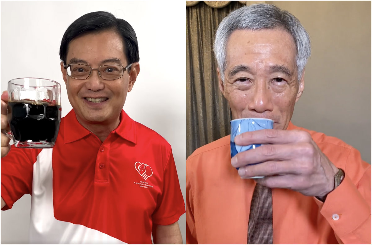 Deputy Prime Minister Heng Swee Keat and Prime Minister Lee Hsien Loong toast workers in images taken from their videos. Images: Heng Swee Keat/Facebook, Lee Hsien Loong/Facebook

