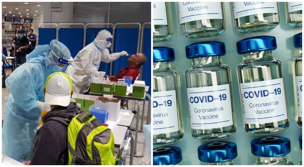 Medical staff giving COVID-19 swab tests to passengers at the Kuala Lumpur International Airport, at left. File photo of mock COVID-19 vaccine bottles, at right. Photos: Ministry of Health Malaysia/Facebook and Daniel Schludi/ Unsplash