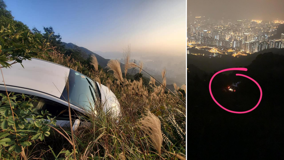 The shiny Toyota found itself with a prime view of the setting sun and the city’s nightscape from Kowloon Peak. Photos via Facebook