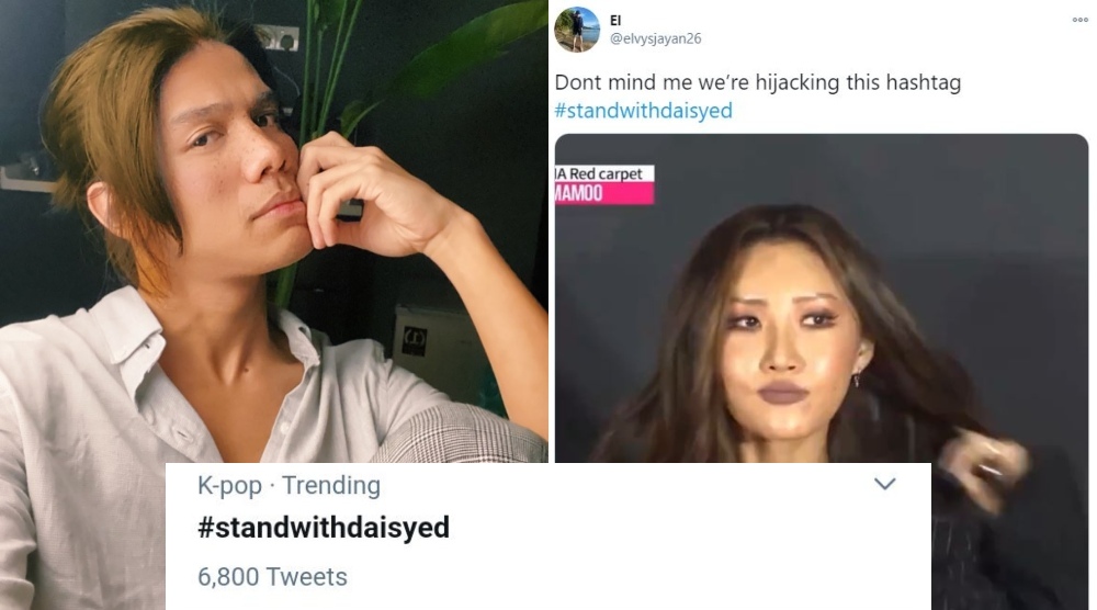 Screenshots of #StandWithDaiSyed trending on Twitter and a tweet from a K-pop fan as well as a selfie of accused evangelist Da’i Syed. Photos: Da’i Syed/Instagram, Twitter