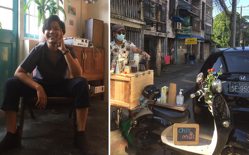Yangon restaurant owner Thazin Wah, aka Bo, at left. Her roll-up cafe, at right. Photos: Courtesy