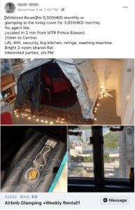 Facebook post of the living room advertised as glamping site. Photo via Facebook/Kaori Chen