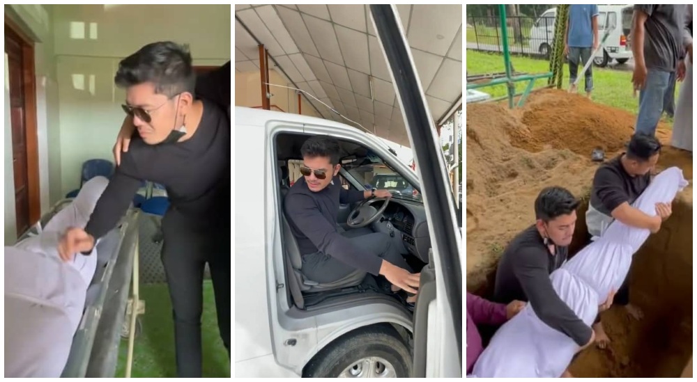 From left, Hafiz Mahamad cries over the body of a friend, drives the funeral van, and inters the body in images from a video posted yesterday to social media. Photos: Hafiz Mahamad/Instagram