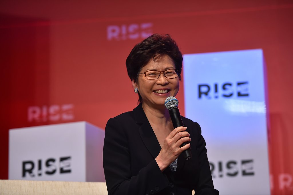 Chief Executive Carrie Lam speaks about the role of politics in technological innovation at the 2018 RISE conference. Photo via Facebook/RISE