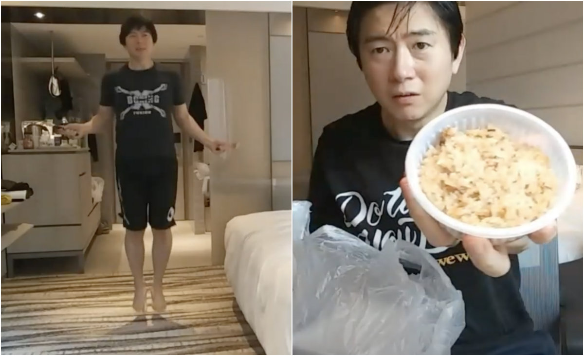 Screengrabs from today’s live stream of Ng doing jump rope exercises and showing his breakfast for the day. Photo: Singaporean In Korea / America / Japan/ YouTube
