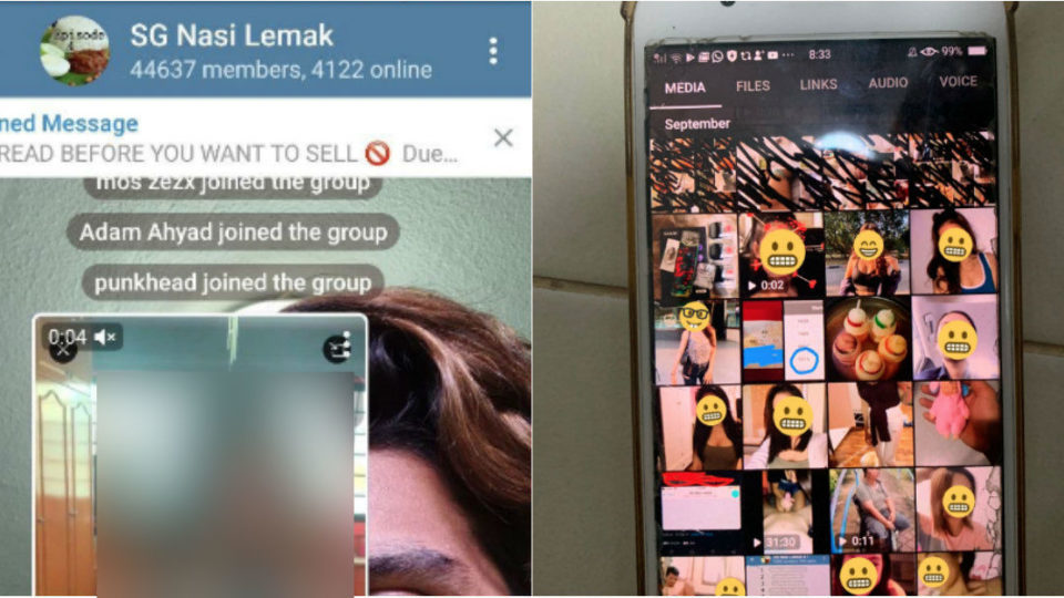 At left, screenshot of the SG Nasi Lemak Telegram channel. At right, a photo showing a screenshot of images and videos that were shared in the channel. Sajidvhh/, Darcelanastasia/Twitter.