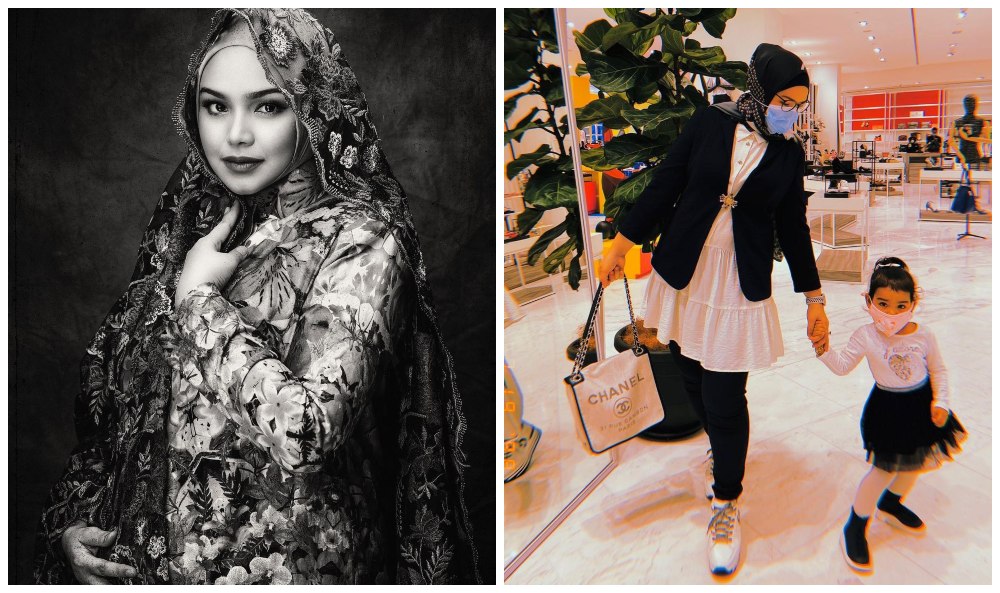Siti Nurhaliza in her pregnancy announcement photo, at left. Siti and her daughter Siti Aafiyah walking around in a mall last July, at right. Photos: Siti Nurhaliza/Instagram