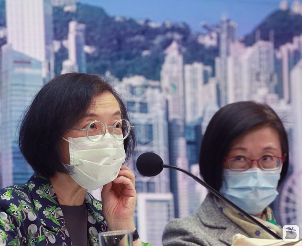 Director of Health Constance Chan shot the city's top health official a look when a reporter pointed out her mask was inside out. Photo via Apple Daily