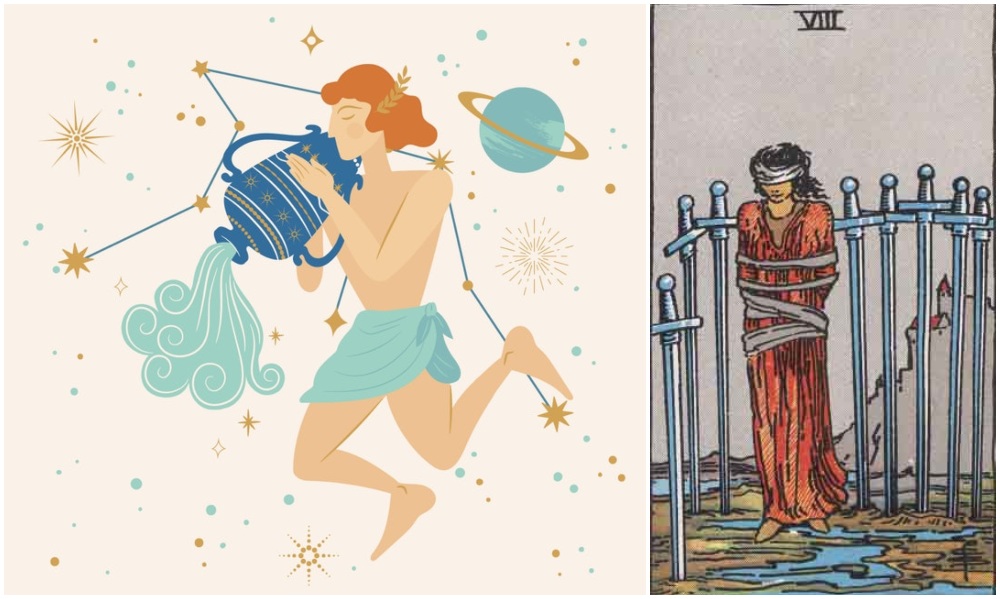 Aquarius star sign, at left and Eight of Swords card, at right. Photos: Mixkit, Wikimedia Commons