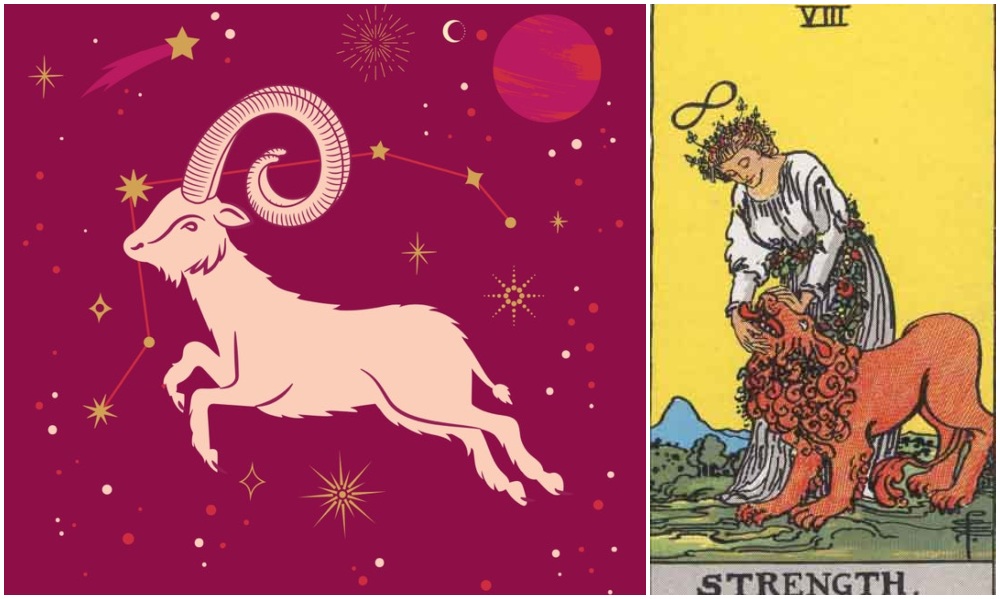 Aries star sign, at left and Strength card, at right. Photos: Mixkit, Wikimedia Commons