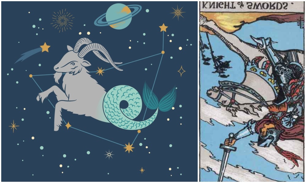 Capricorn star sign, at left and Knight of Swords card in reverse, at right. Photos: Mixkit, Wikimedia Commons