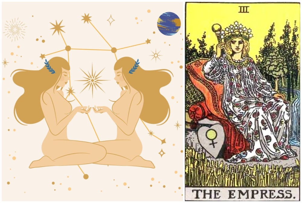Gemini star sign, at left and Empress card, at right. Photos: Mixkit, Wikimedia Commons
