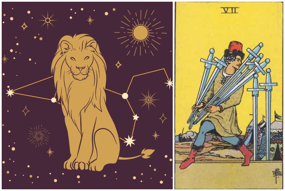 Leo star sign, at left and Seven of Swords card, at right. Photos: Mixkit, Wikimedia Commons