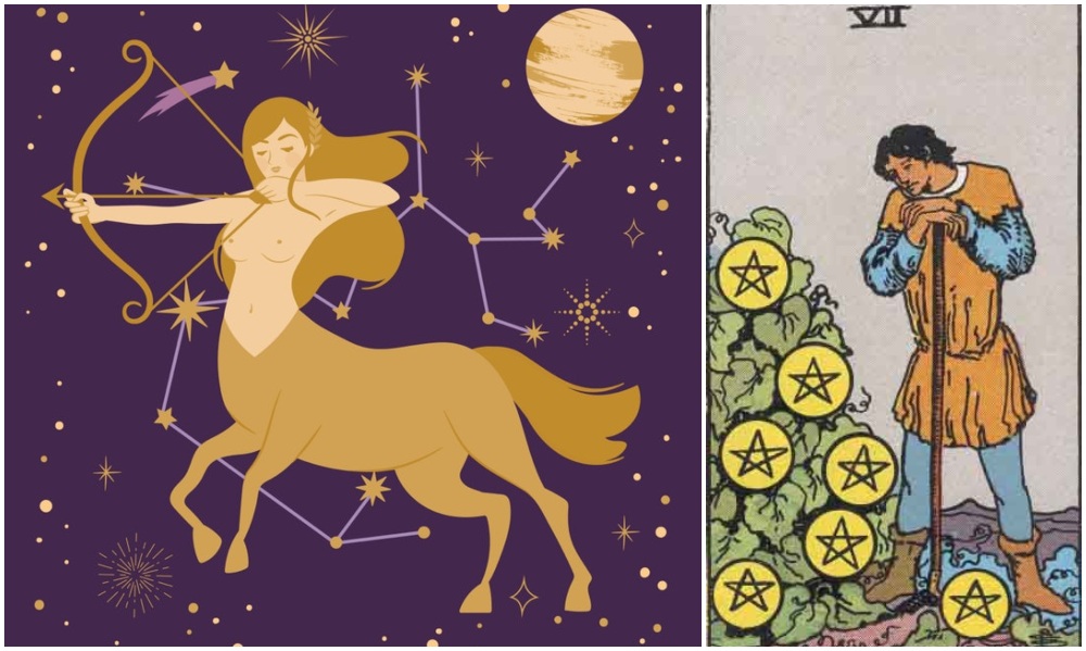Sagittarius star sign, at left and Seven of Pentacles card, at right. Photos: Mixkit, Wikimedia Commons