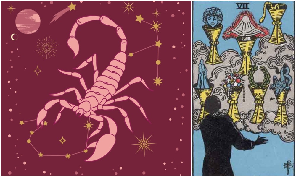 Scorpio star sign, at left and Seven of Cups card, at right. Photos: Mixkit, Wikimedia Commons