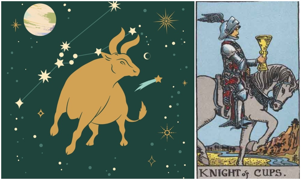 Taurus star sign, at left and Knight of Cups card, at right. Photos: Mixkit, Wikimedia Commons