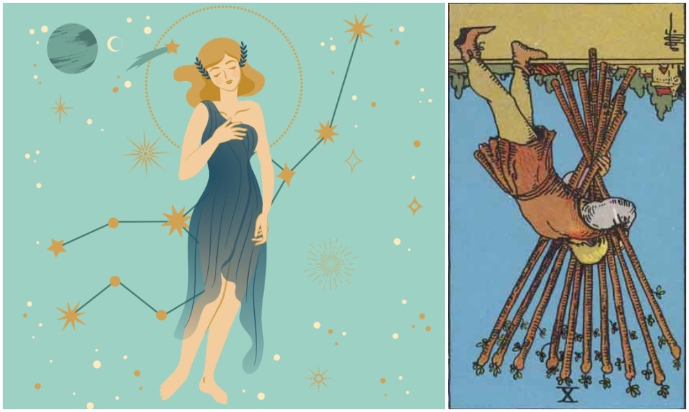 Virgo star sign, at left and Ten of Wands card in reverse, at right. Photos: Mixkit, Wikimedia Commons