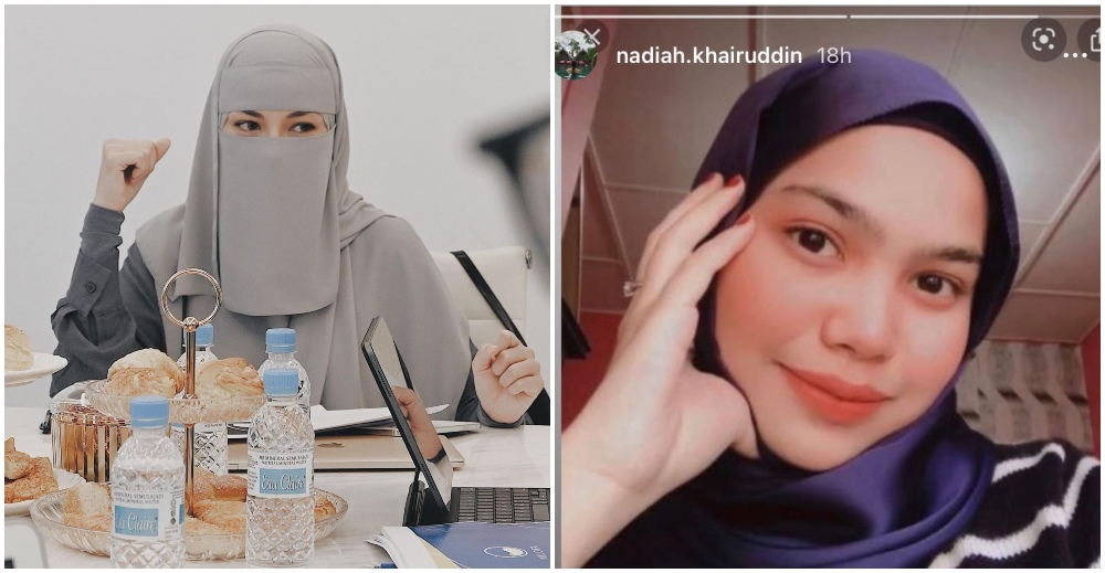 Neelofa speaking at a meeting yesterday, at left, and Syamira Safiya at right. Photos: Neelofa and Nadiah Khairuddin/Instagram
