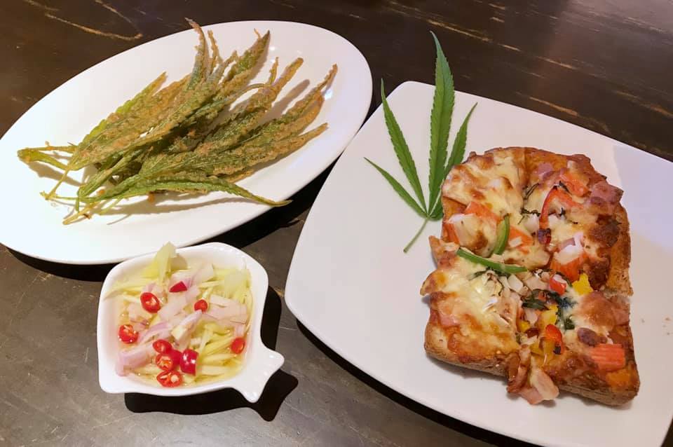 Deep-fried weed leaves come with spicy mango salad, at left, and pizza infused with pot leaves, at right. Photo: Moei Ratrimchong / Courtesy