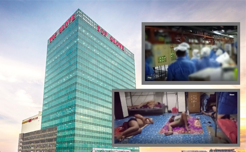 Screencaps of CBC’s video against a photo of Top Glove’s Malaysian HQ. Photo: Coconuts
