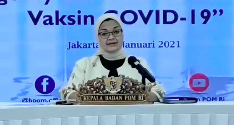 Penny K. Lukito, head of Indonesia’s Food and Drugs Monitoring Agency (BPOM), announces emergency use authorization for CoronaVac on. Jan. 11, 2021. Photo: Video screengrab