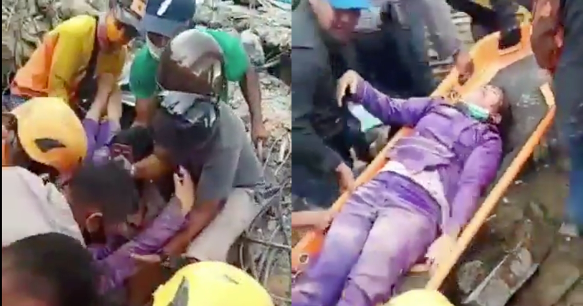 Rescuers have saved a victim who was buried under the ruins of a hospital destroyed by Friday’s earthquake in West Sulawesi, with video of the mission widely circulating online. Screenshot from Twitter