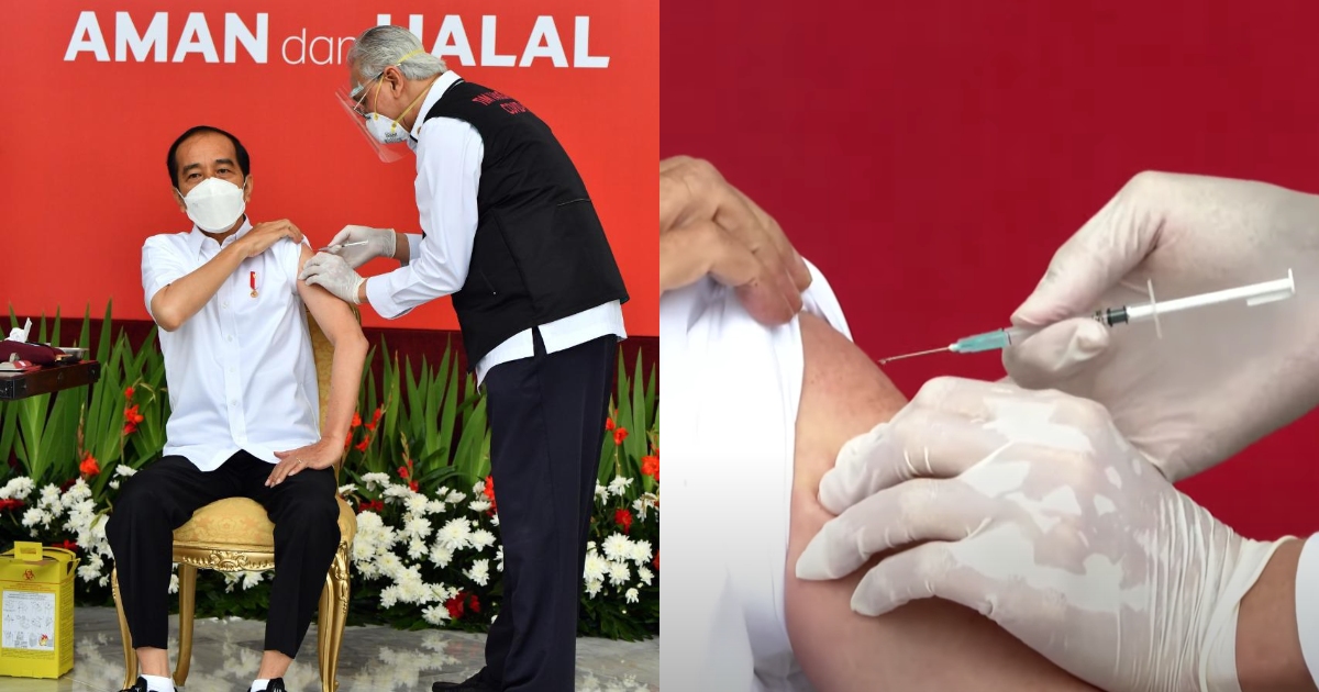 Prof. Abdul Muthalib, the presidential doctor who injected Indonesian President Joko Widodo with the CoronaVac vaccine this morning, is now under the spotlight thanks to his shaky hands. Photo: Twitter/@jokowi & YouTube/Sekretariat Presiden