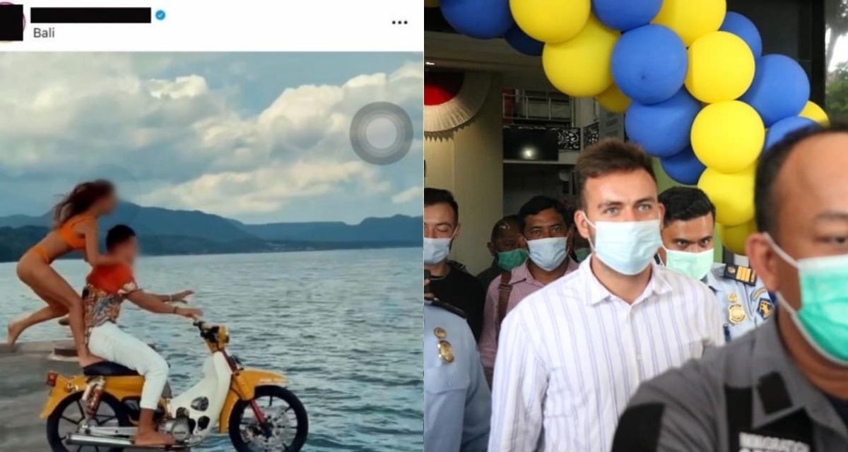 The Russian influencer was the subject of outrage across the country in December after he filmed himself launching off a dock in Bali on a motorcycle and plunging into the ocean.  Photos: Instagram and the Bali office for the Ministry of Law and Human Rights.