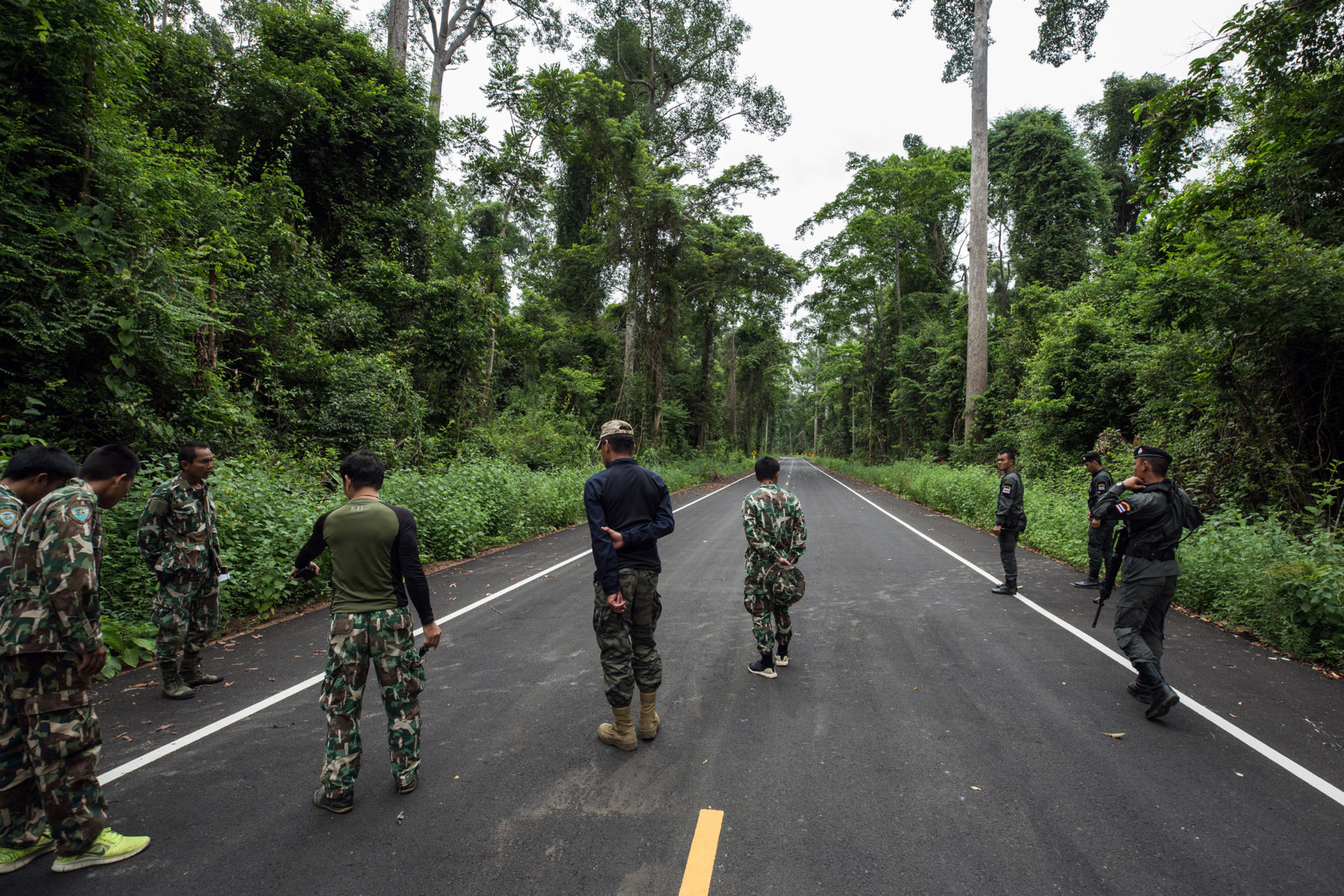Forest rangers in the Ta Phraya National Park inspect a road close to the Cambodian border with recent tracks made by illegal loggers (Image: Luke Duggleby)