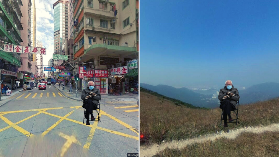 Twitter users in Hong Kong took a rather disgruntled-looking Bernie through the hills and streets of Hong Kong. Photos: Twitter/tripperhead and Phillip_In_HK