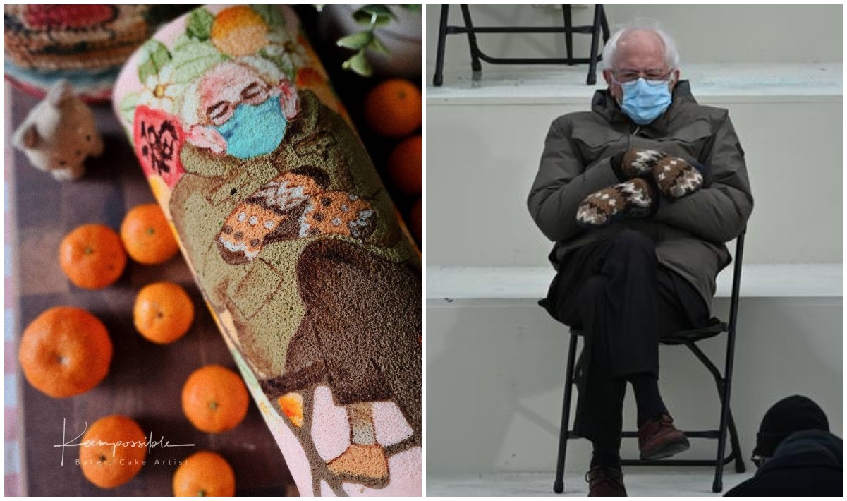 Bernie Sanders on a kumquat cake roll, at left. Bernie Sanders at Joe Biden’s inauguration, at right. Photos: Keempossible and Brickstar/Instagram